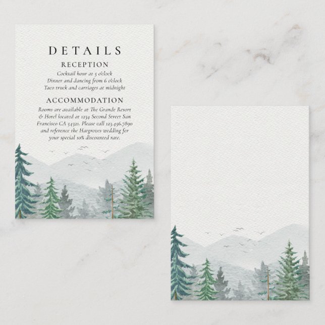 Tarjeta De Recepción Boda de pinos verdes de montaña de acuarela rusa (Anverso / Reverso)