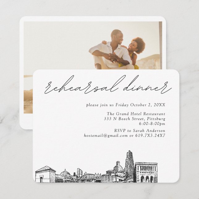 Tarjeta De Recepción Boda de Pittsburgh Cena elegante de ensayo (Anverso / Reverso)