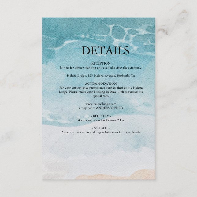 Tarjeta De Recepción Boda de playa azul de verano (Anverso)