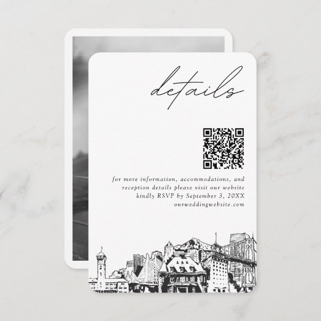 Tarjeta De Recepción Boda de Portland Detalles del código QR Pequeño (Anverso / Reverso)