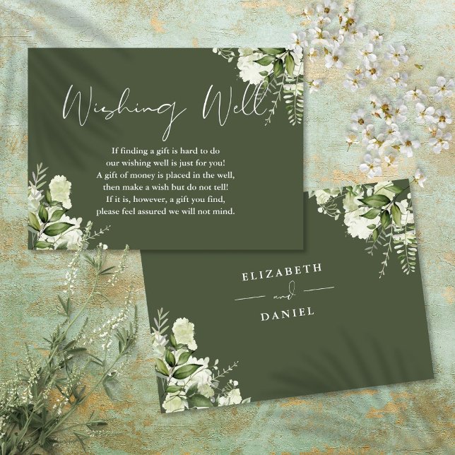 Tarjeta De Recepción Boda de pozo de deseos floral verde oliva (Olive Green Greenery Floral Wishing Well Wedding Enclosure Card)