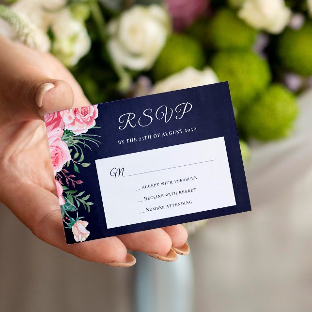 Tarjeta De Recepción Boda de presupuesto floral rosa azul marino RSVP (Subido por el creador)