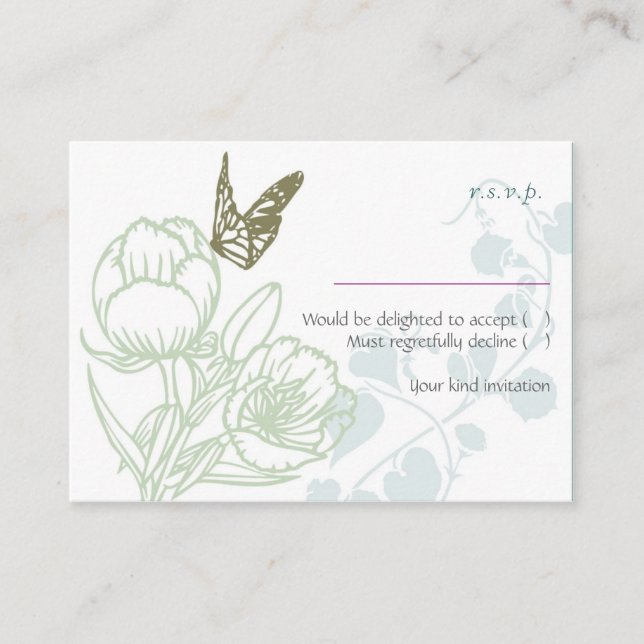 Tarjeta De Recepción Boda de primavera con flora y mariposa ilustrada (Anverso)