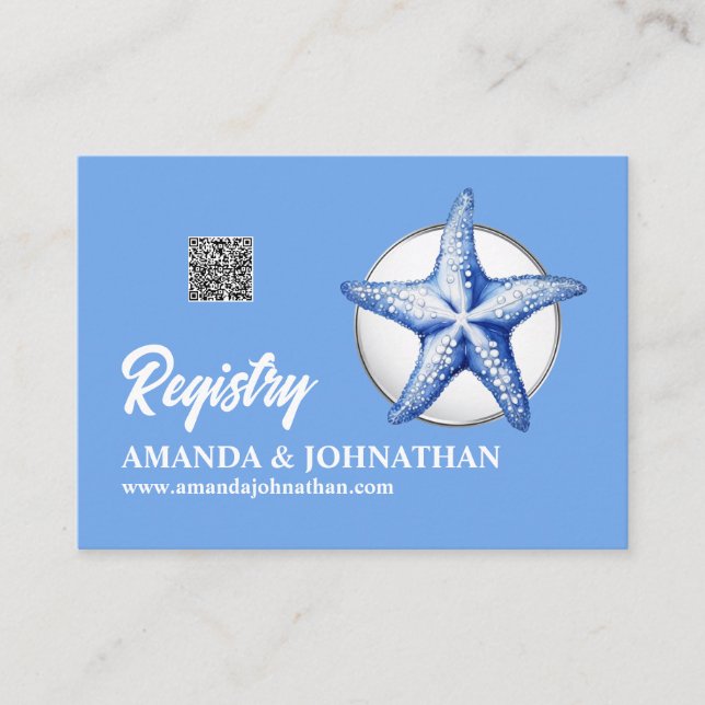 Tarjeta De Recepción Boda de registro blanco azul Starfish detalles inv (Anverso)