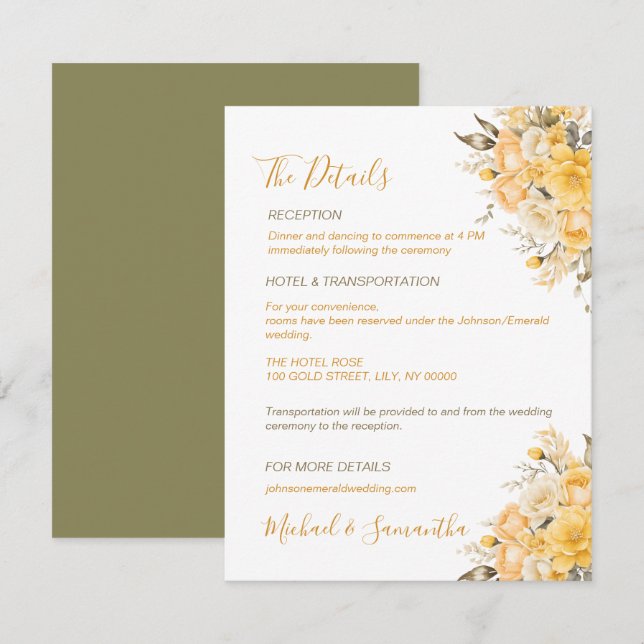 Tarjeta De Recepción Boda de Rosa Amarilla e Ivory Elegante (Anverso / Reverso)