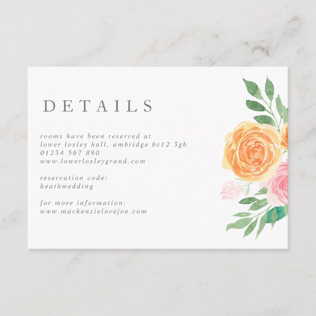 Tarjeta De Recepción Boda de Rosas de acuarela rosa y Naranja (Anverso)
