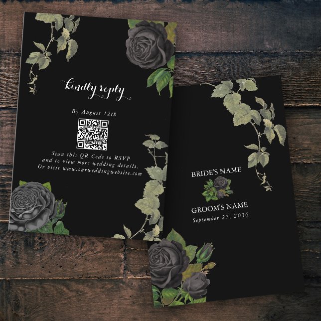 Tarjeta De Recepción Boda de Rosas negros en Halloween gótico (Gothic Halloween Black Roses Wedding Enclosure Card)