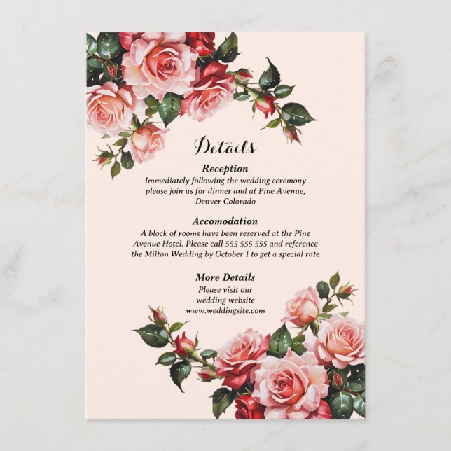 Tarjeta De Recepción boda de rosas rosadas y rojas bonitos (Anverso)
