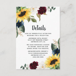 Tarjeta De Recepción Boda de Rosas Sunflower Burgundy Red y Navy Blue