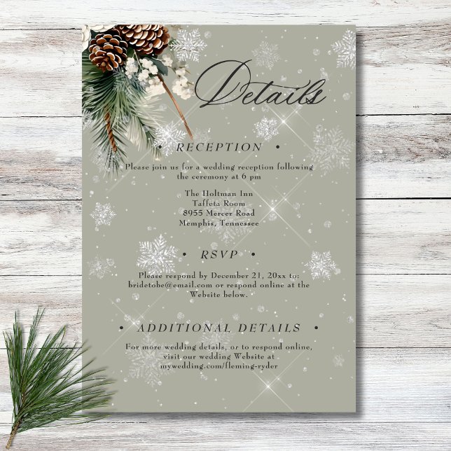 Tarjeta De Recepción Boda de salvia floral blanca y de pino de nieve (Rustic Snowfall Pine & White Floral Sage Wedding Enclosure Card)