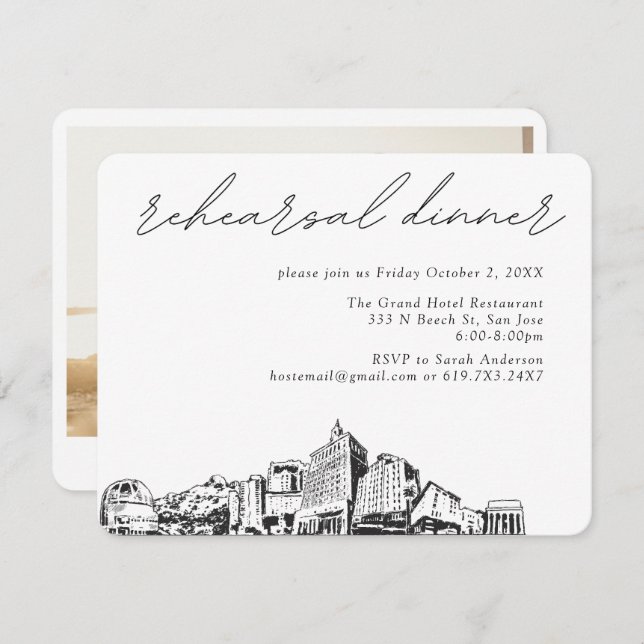 Tarjeta De Recepción Boda de San José CA Cena de ensayo elegante (Anverso / Reverso)