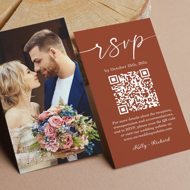 Tarjeta De Recepción Boda de script de Terracota RSVP QR en línea (On the back, you have the option to add a photo, making it a cherished memento for your loved ones.)