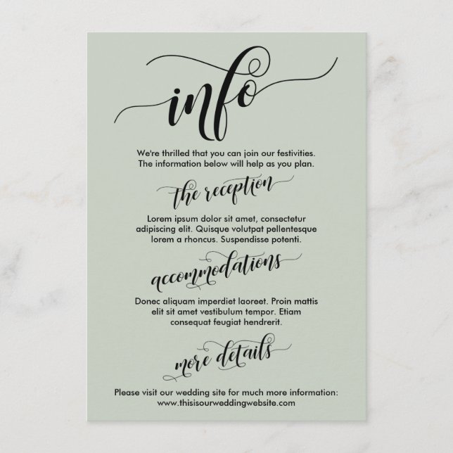 Tarjeta De Recepción Boda de script simple y detallado InfoSage Verde (Anverso)