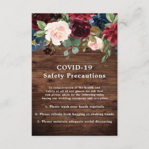 Tarjeta De Recepción Boda de Seguridad Rustic Burgundy Floral COVID-19