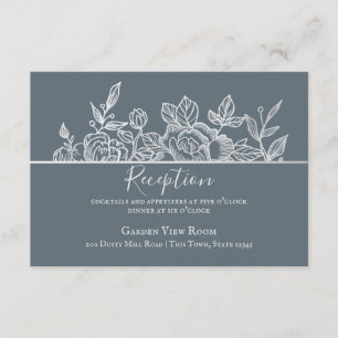 Tarjeta De Recepción Boda de sketch floral Dusty Slate Blue Silver