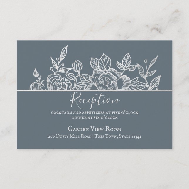 Tarjeta De Recepción Boda de sketch floral Dusty Slate Blue Silver (Anverso)
