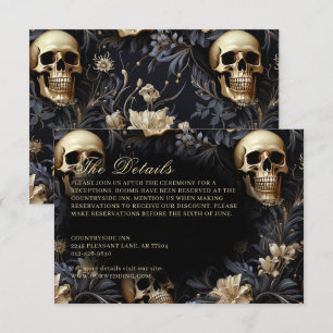 Tarjeta De Recepción Boda de Skulls y Flores de Oro Gótico oscuro