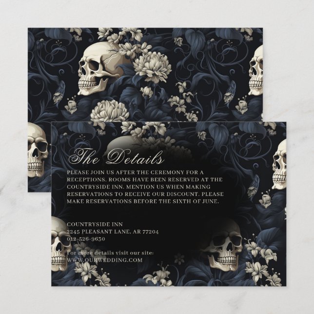 Tarjeta De Recepción Boda de Skulls y Flores góticas oscuras (Anverso / Reverso)
