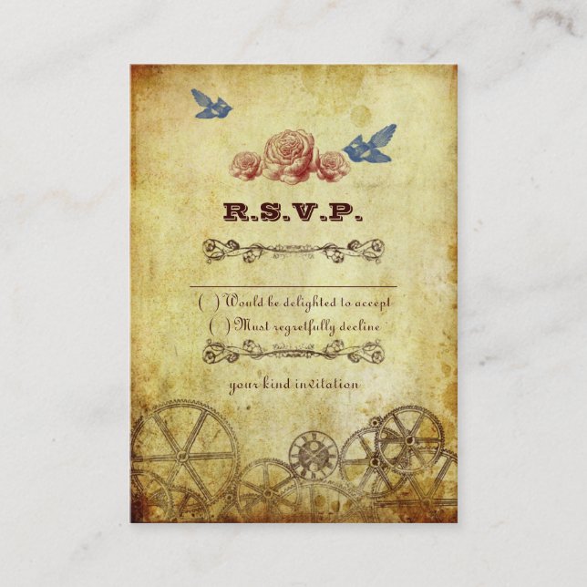 Tarjeta De Recepción Boda de Steampunk de Faux Antique Gold (Anverso)