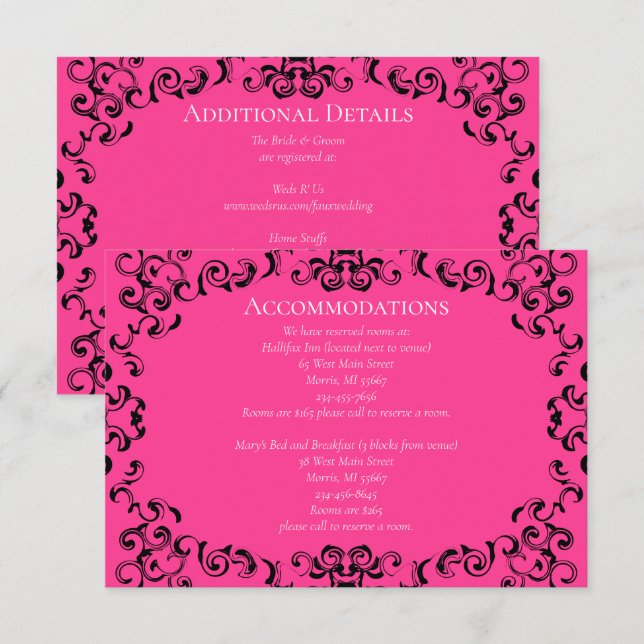 Tarjeta De Recepción Boda De Swirl Negro De Color Rosa Caliente (Anverso / Reverso)