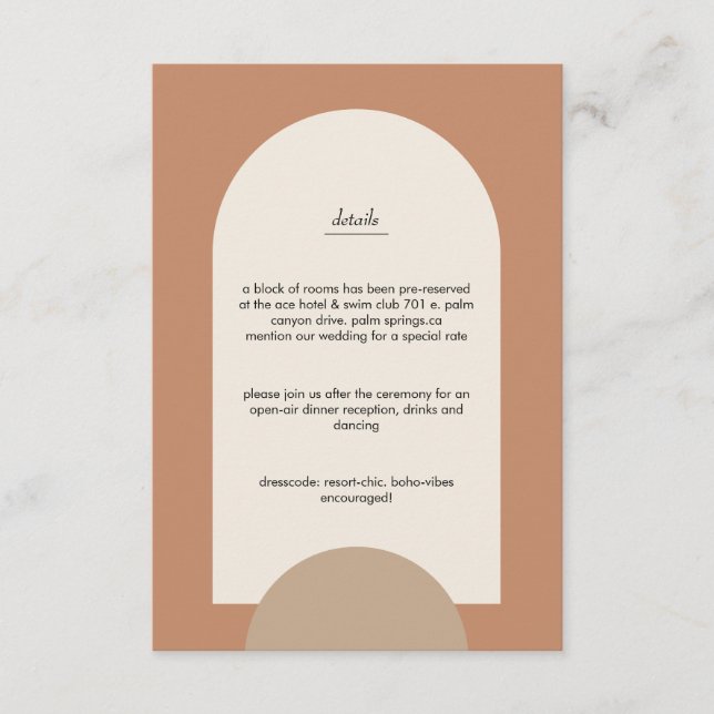 Tarjeta De Recepción Boda de Terracotta de Arco Geométrico Boho moderno (Anverso)