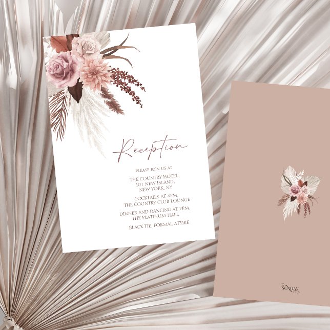 Tarjeta De Recepción Boda de Terracotta de Grass Boho Pampas (Boho Dusty Pink Dried Flowers Wedding Reception Enclosure Card)