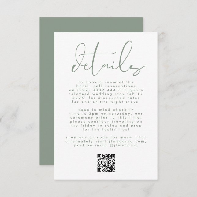 Tarjeta De Recepción Boda de texto neutro verde sage moderno CÓDIGO QR (Anverso / Reverso)