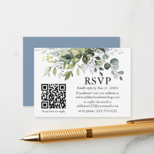 Tarjeta De Recepción Boda de vegetación acuática QR RSVP Dusty Blue