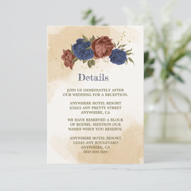 Tarjeta De Recepción boda de vegetación floral azul marino terracota (Anverso de pie)