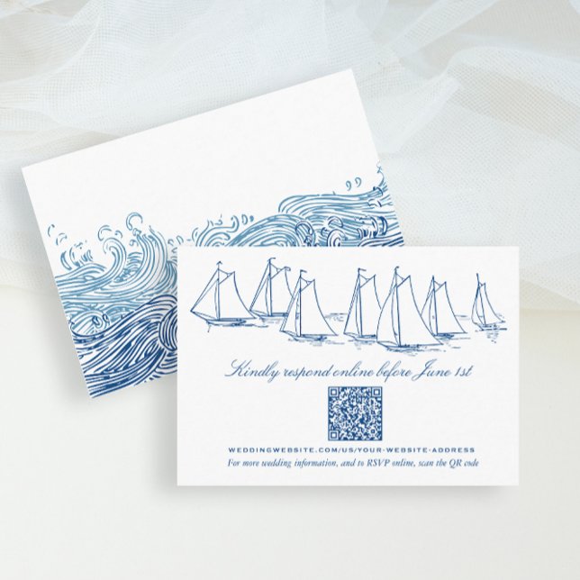 Tarjeta De Recepción Boda de velero y oleadas RSVP QR en línea (Sailboat and Waves Wedding QR Code Online RSVP card for an Elegant Navy Blue Yacht Club wedding)
