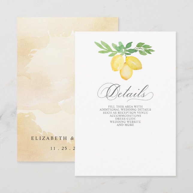 Tarjeta De Recepción Boda de verano con citricos de limón y caligrafía  (Anverso / Reverso)