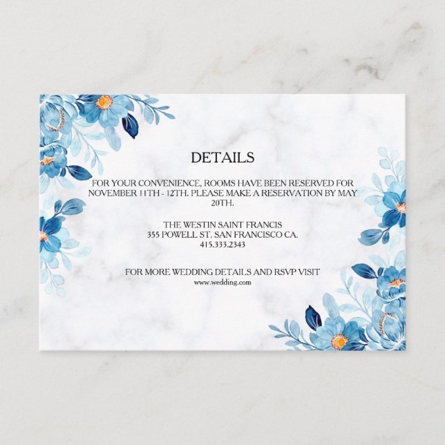 Tarjeta De Recepción Boda de verano de flores elegantes azules (Anverso)