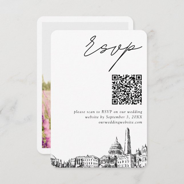 Tarjeta De Recepción Boda de Washington DC Código QR RSVP moderno (Anverso / Reverso)