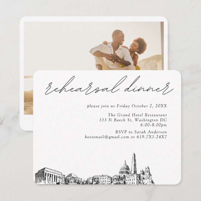 Tarjeta De Recepción Boda de Washington DC Elegante cena de ensayo (Anverso / Reverso)