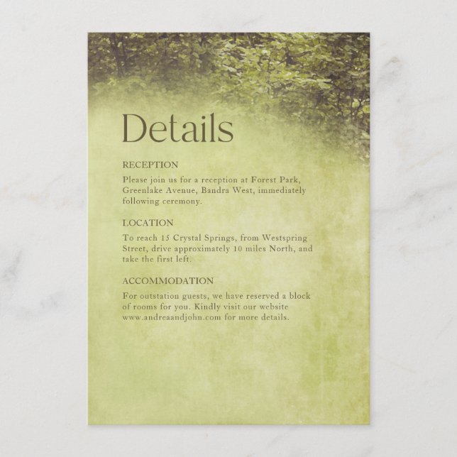Tarjeta De Recepción Boda de Woodland de Árboles Rústicos Forestales En (Anverso)