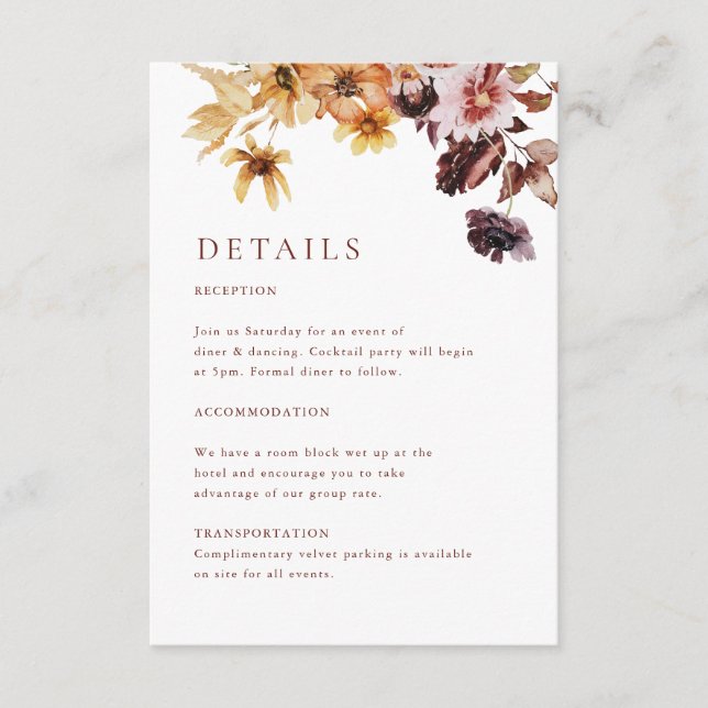 Tarjeta De Recepción Boda del Boho floral de otoño rústico (Anverso)