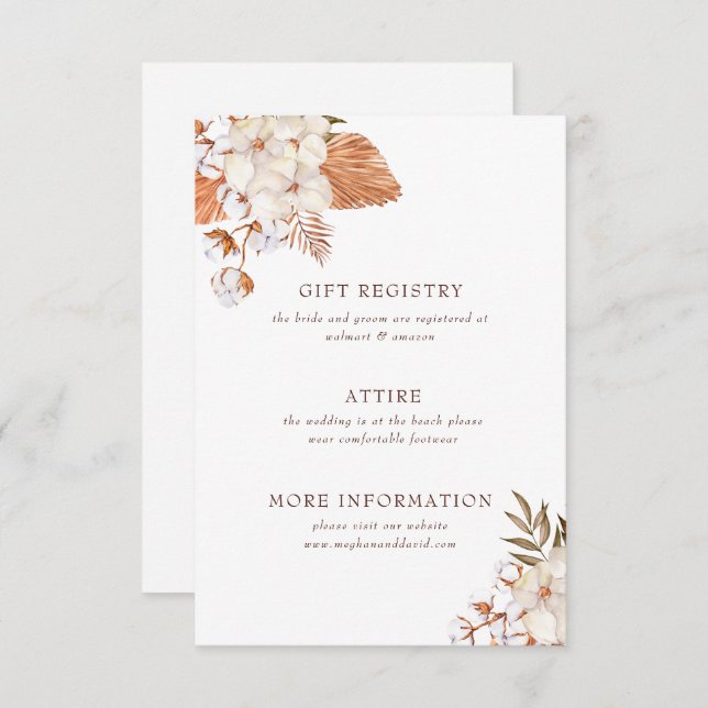 Tarjeta De Recepción Boda del desierto floral de hierba de Boho Pampas (Anverso / Reverso)