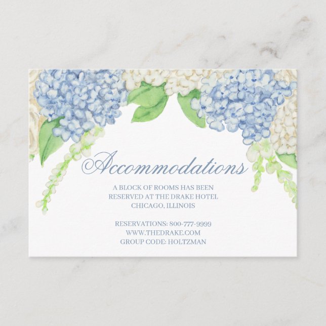 Tarjeta De Recepción Boda del Escudo de hidrangea azul y blanca (Anverso)