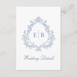 Tarjeta De Recepción Boda del Escudo del monograma azul turbio Detalles