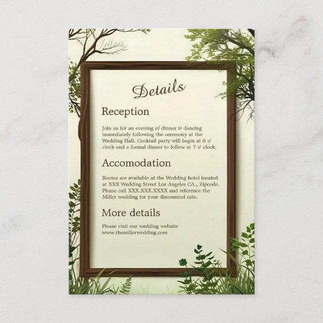 Tarjeta De Recepción boda del marco rústico del árbol de la vegetación (Anverso)