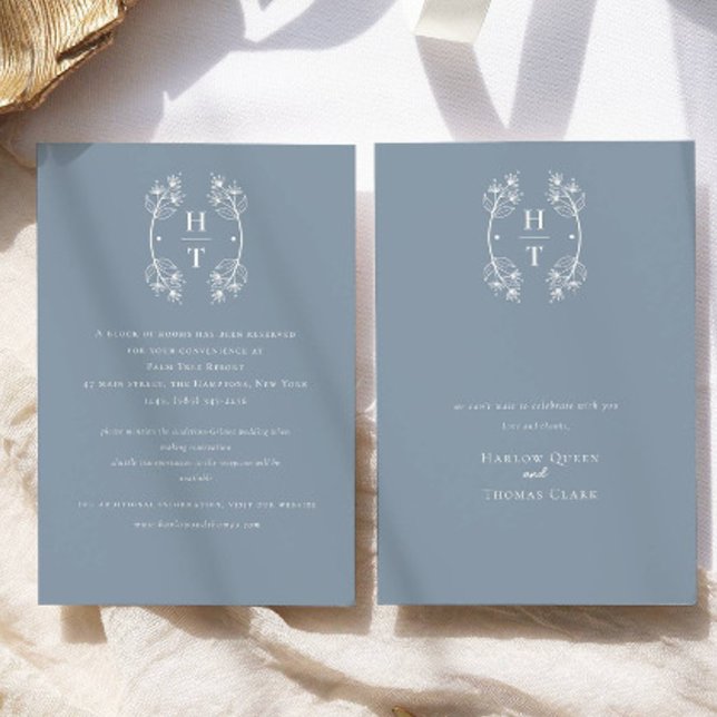 Tarjeta De Recepción Boda del Monograma Azul Polvo clásico (Subido por el creador)