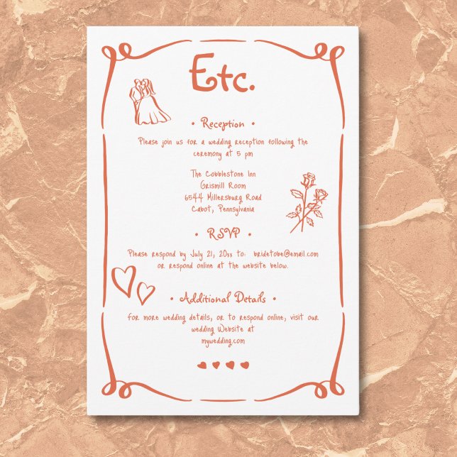 Tarjeta De Recepción Boda del Naranja del atardecer con mano retro capr (Whimsical Retro Hand Drawn Sunset Orange Wedding Enclosure Card)