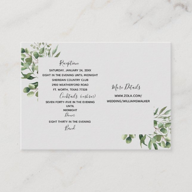 Tarjeta De Recepción Boda del sitio web de Eucalyptus Cash Bar (Anverso)