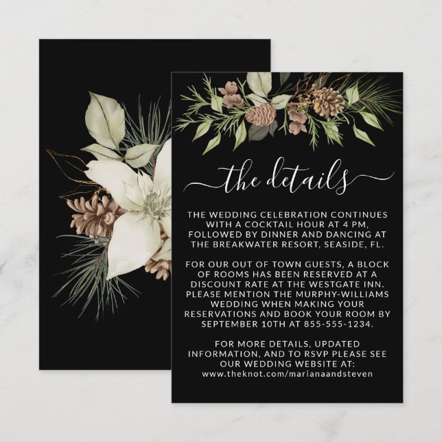 Tarjeta De Recepción Boda del sitio web de Winter Black Details RSVP (Anverso / Reverso)