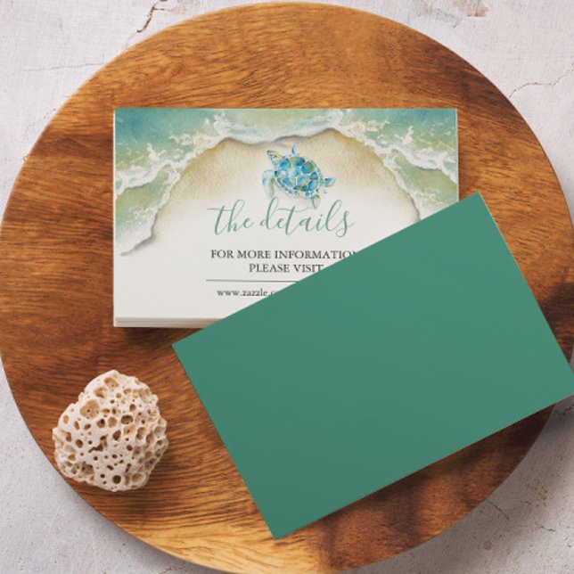 Tarjeta De Recepción Boda del sitio web Tropical Beach Sea Turtle (Tropical weddings sea turtle details card by watercolor artist Victoria Grigaliunas in Florida)