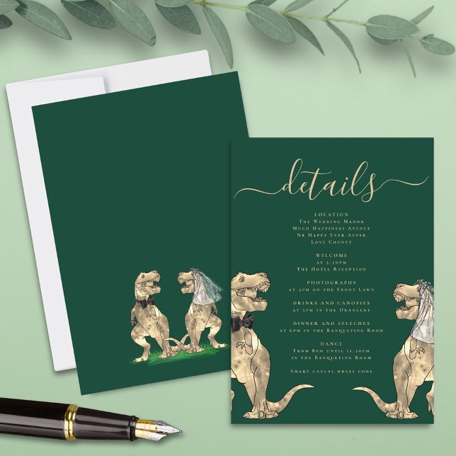 Tarjeta De Recepción Boda del tema de los dinosaurios detalles verde (T-Rex bride and groom funny dinosaur wedding details dark green enclosure card)