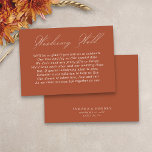 Tarjeta De Recepción Boda Deseando Bien Caligrafía Script Terracotta<br><div class="desc">Boda moderno deseando bien insertar tarjeta con caligrafía de escritura elegante y poema editable. diseño minimalista pero llamativo en terracota y blanco. En mi colección de Bodas Colors se pueden encontrar invitaciones de coordinación, papelería y decoración del día del evento. Si desea colores diferentes o plantillas adicionales para productos coincidentes,...</div>