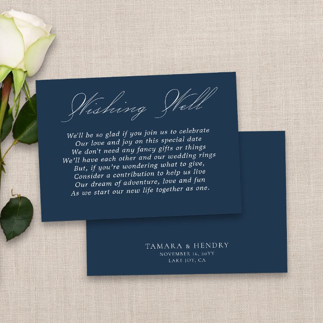 Tarjeta De Recepción Boda deseando buena caligrafía Script Marina Azul (Elegant navy blue wedding wishing well card from my Wedding Colors collection)