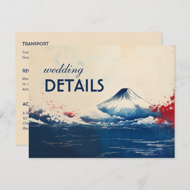 Tarjeta De Recepción Boda detalla la armonía japonesa con Fuji (Anverso / Reverso)