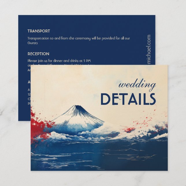 Tarjeta De Recepción Boda detalla la armonía japonesa con Fuji (Anverso / Reverso)